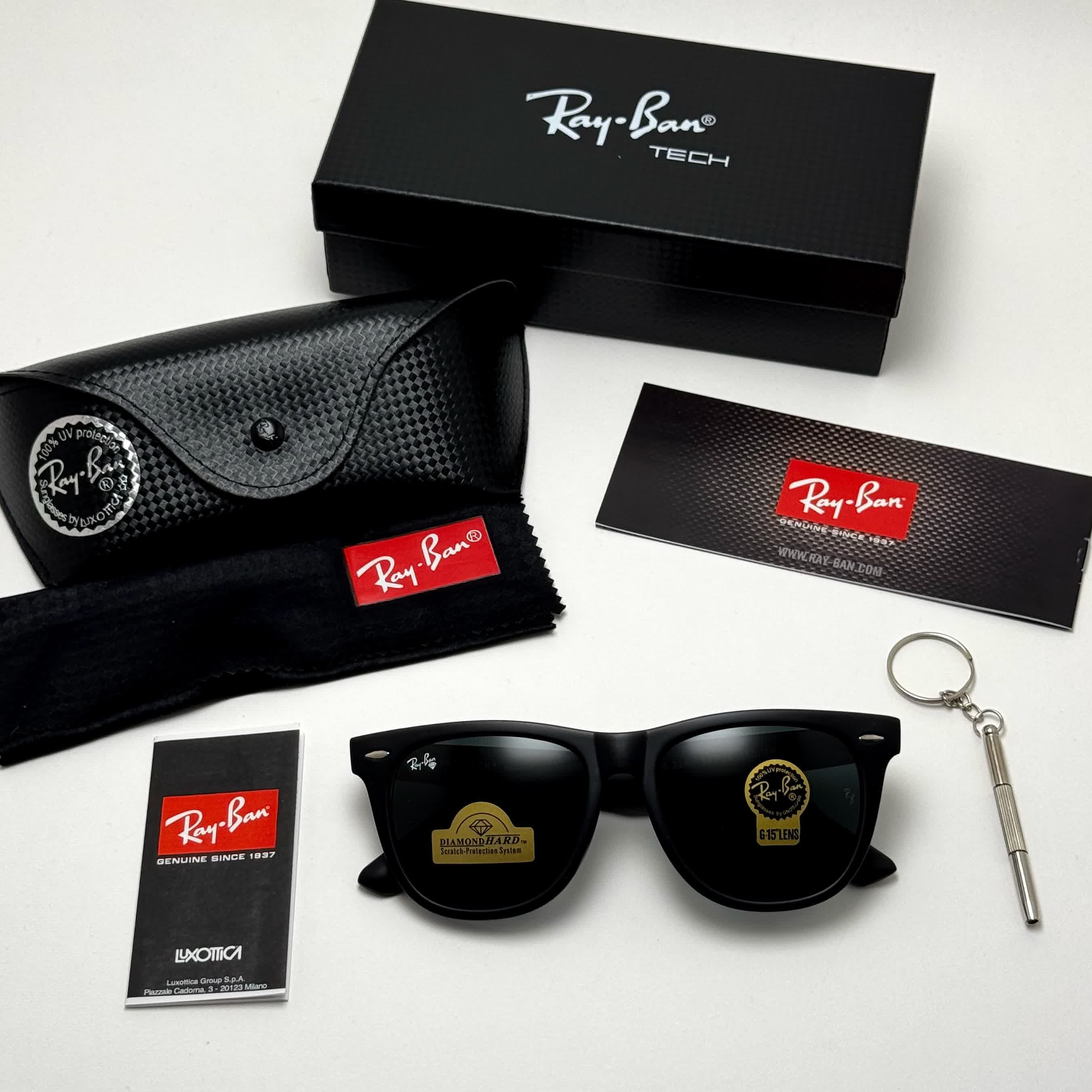 عینک آفتابی ریبن ویفرر شیشه سنگ مشکی که همراه پک کامل ریبن Rayban WAYFARER RB 2140 سایز 54