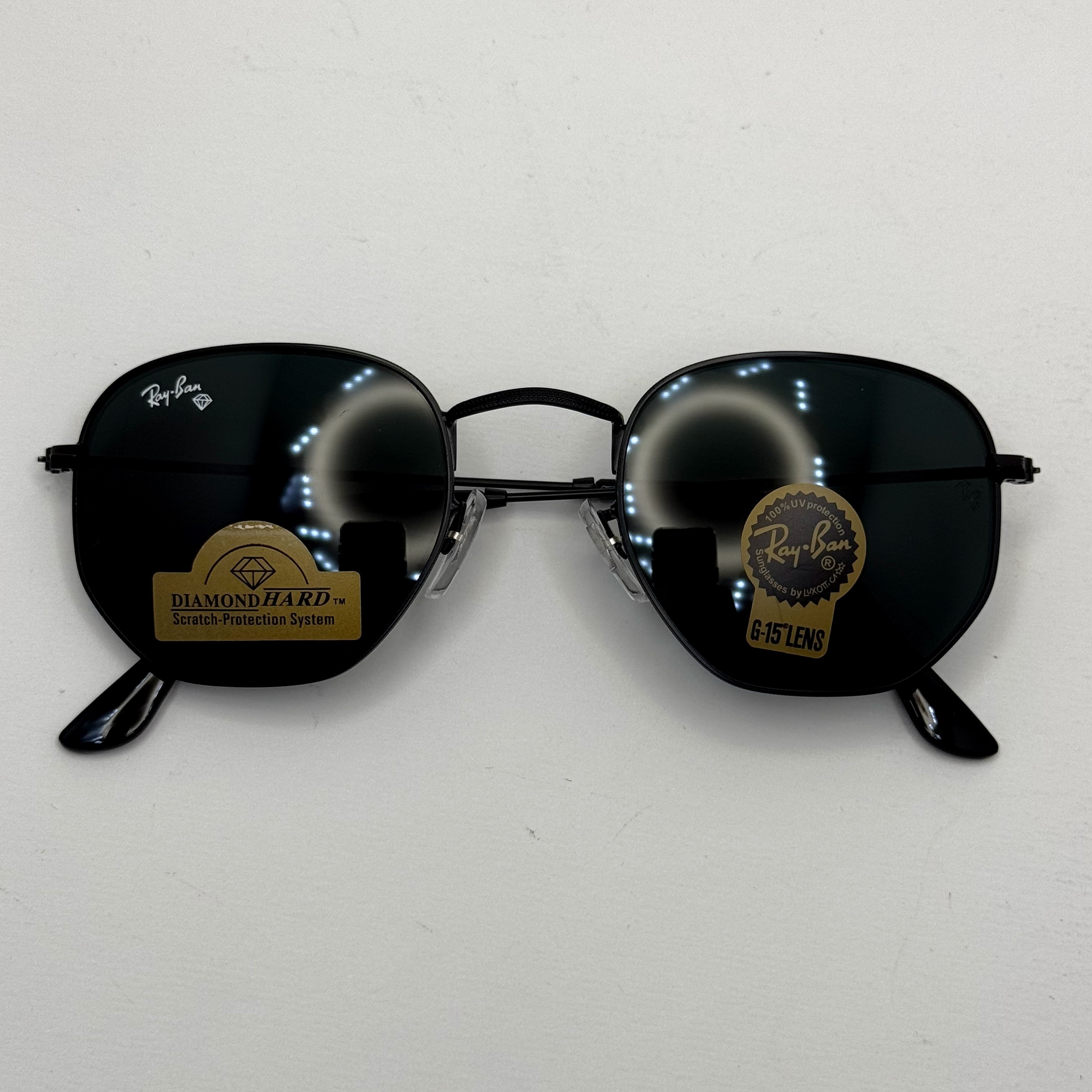 عینک ریبن هگزونال شیشه سنگ تمام مشکی به همراه پک کامل ریبن کد Rayban RB 3548