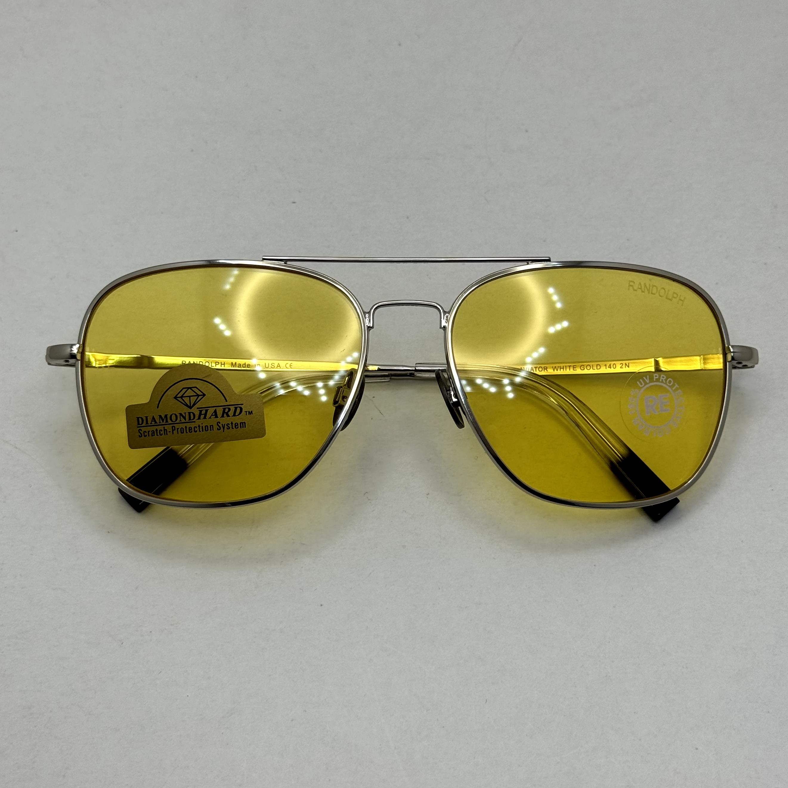 عینک آفتابی و شب خلبانی رندولف شیشه سنگ زرد فریم نقره ای فول پک اصلی RANDOLPH AVIATOR RE 58 24K WHITE GOLD