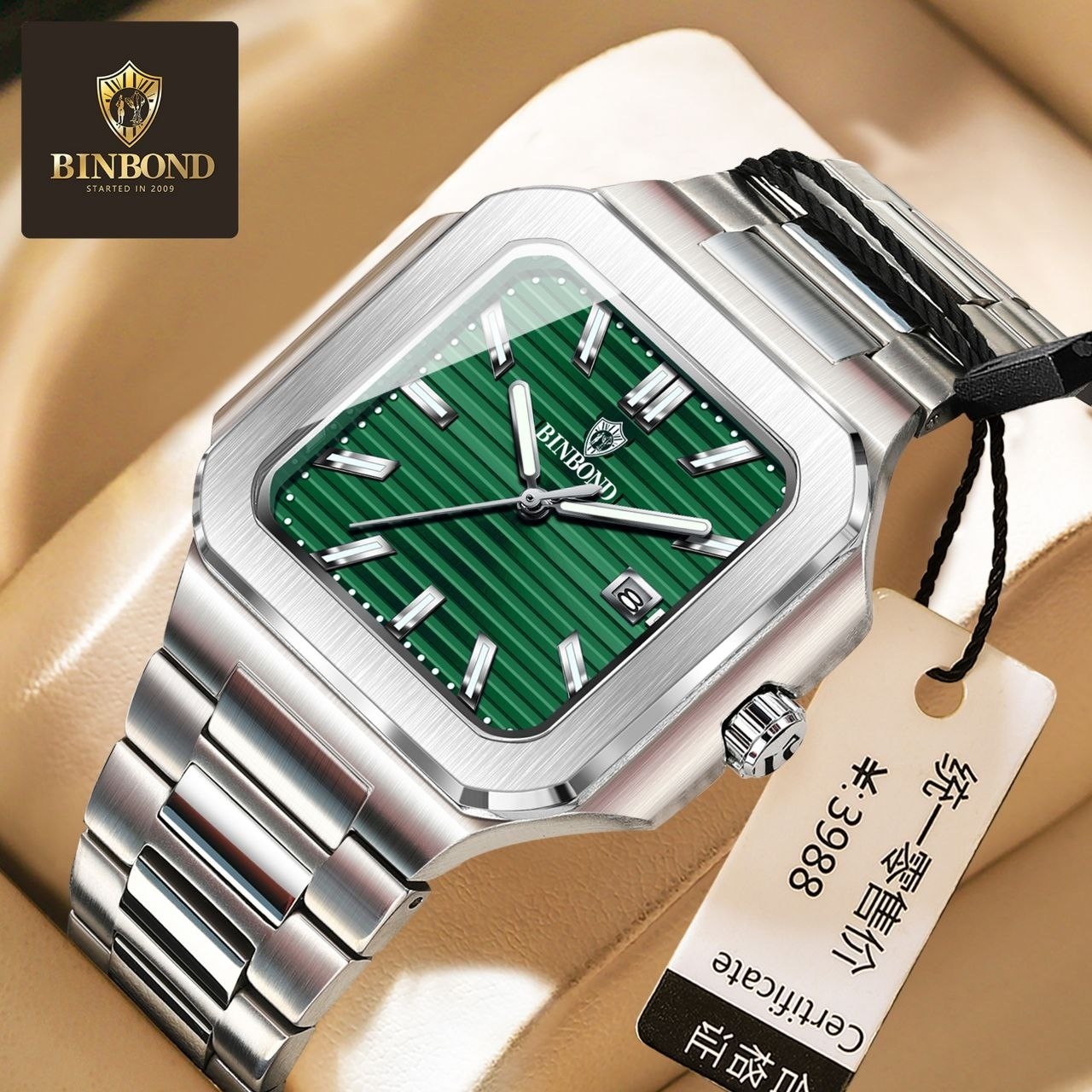 ساعت مردانه صفحه مربعی بین باند binbond بند استیل شیشه سافایر ارسال رایگان