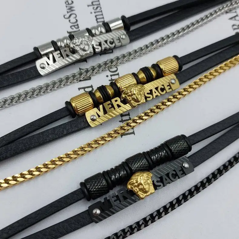 دستبند مردانه و پسرانه چرم و پلاک استیل ورساچه Bulgari سه لاین رنگ ثابت کد amp (پس کرایه)