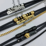 دستبند مردانه و پسرانه چرم و پلاک استیل ورساچه Bulgari سه لاین رنگ ثابت کد amp (پس کرایه)