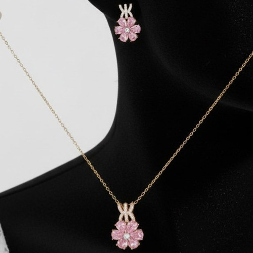 ست گردنبند و گوشواره طرح گل جواهری زنانه نگین کاری شده رنگ ثابت کد zmp (پس کرایه)