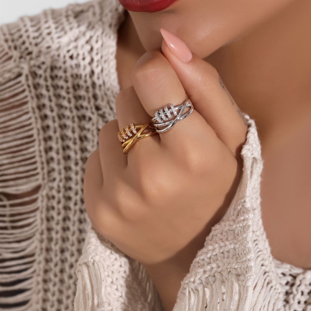 انگشتر طرح جواهری زنانه طرح ضربدری نگین فری سایز Freesize رنگ ثابت کد mp (پس کرایه)