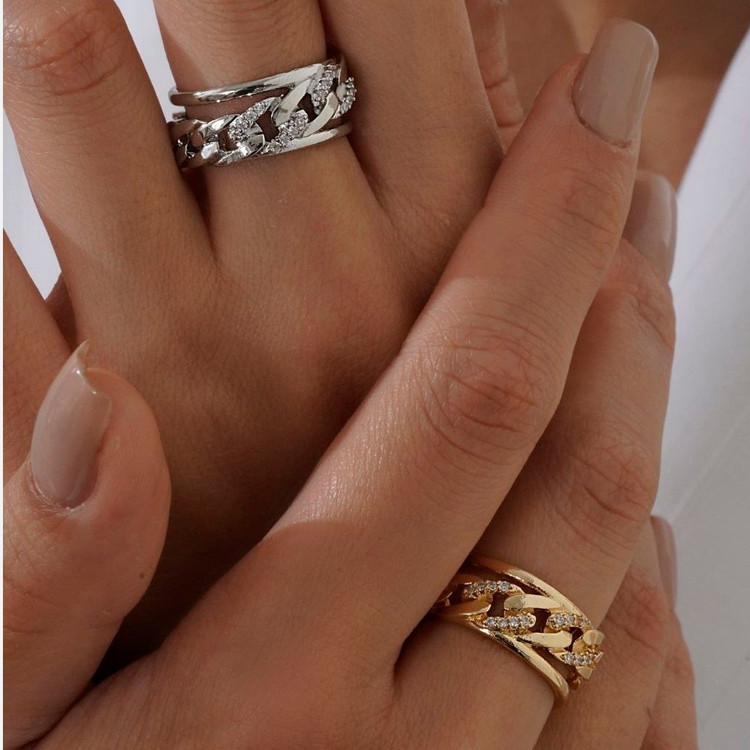 انگشتر زنانه جواهری طرح زنجیری نگین کاری فری سایز freesize رنگ ثابت در تنوع طرح کد mp
