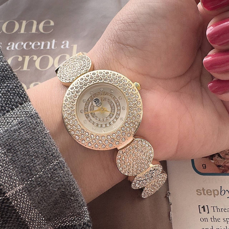 ساعت زنانه و دخترانه خاص فول نگین طرح گرد با دورنگ صفحه سفید و مشکی ارسال رایگان