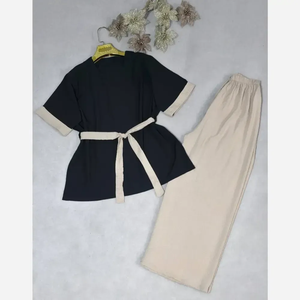 ست نورسام تابستانه جنس لینزی درجه یک فری سایز رنگ مشکی کرم سورمه