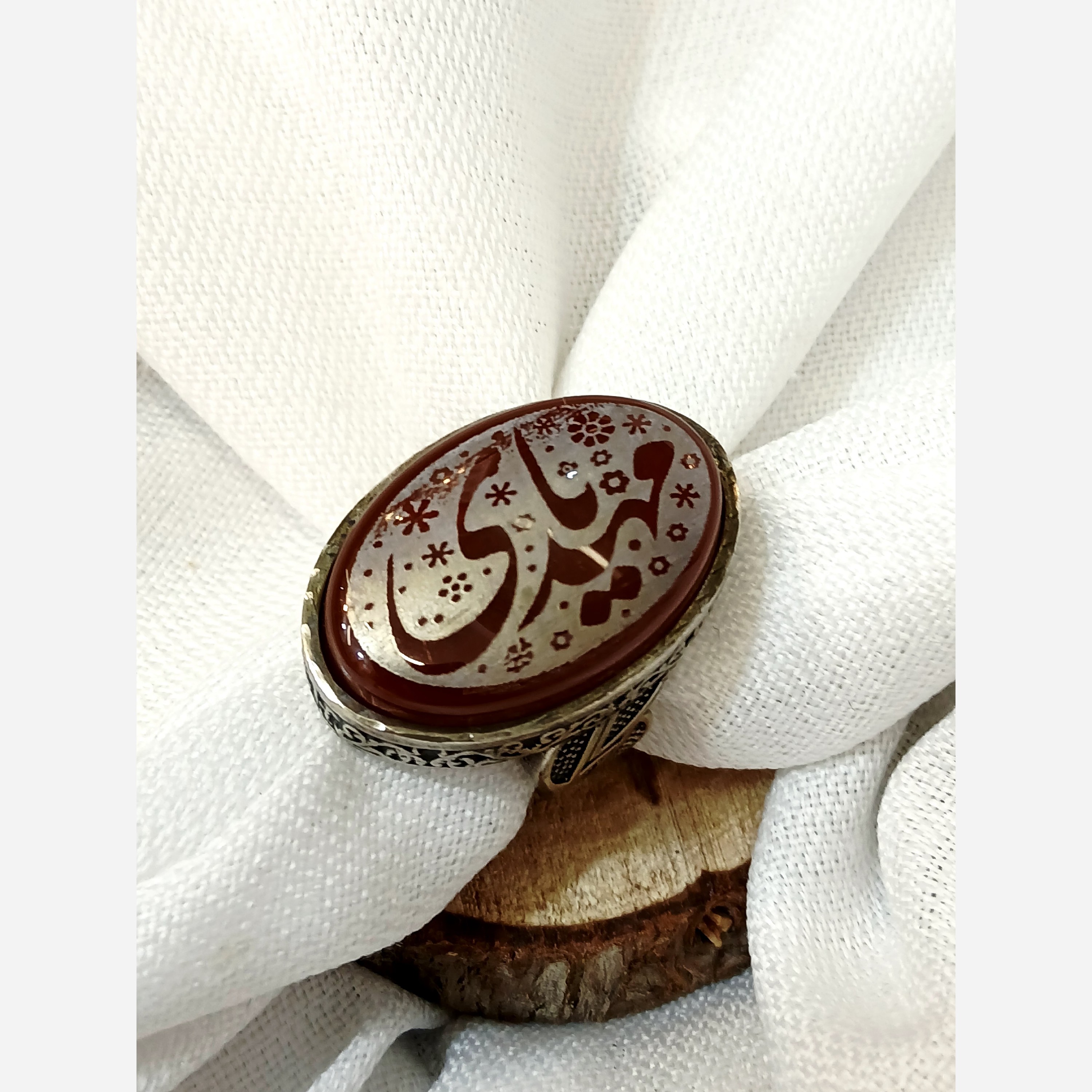 انگشتر مردانه نقره روس سنگ اصلی عقیق درشت نوشته شده یا مهدی