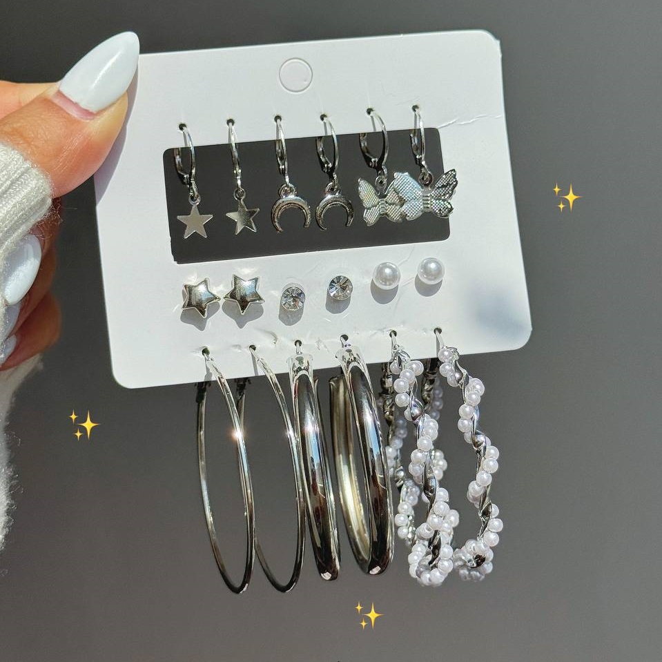 پک گوشواره خاص و خفن 9 جفتی نقره ای