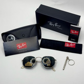 عینک ریبن هگزونال شیشه سنگ مشکی فریم نقره ای به همراه پک کامل ریبن کد Rayban RB 3548 (ارسال رایگان)