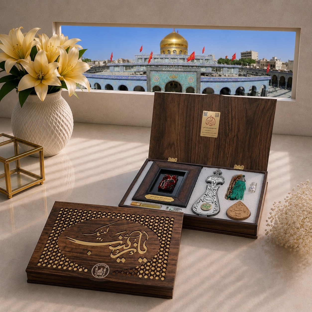 بسته فرهنگی سوغات کربلا (صندوقچه بهشتی) 7عنوان سنگ حرم و قاب فرش و عطر حرم وآب سرداب حضرت عباس و تسبیح مهر تربت کربلا